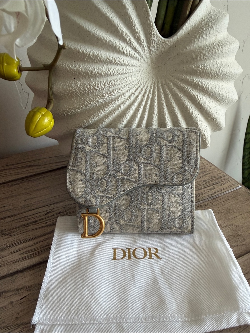 Dior Mini Saddle Wallet in Gray Canvas with Gold 'D' Charm
